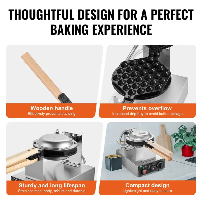 Commercial Egg Bubble Waffle Maker 1400W Non-Stick Stainless Steel with Rotatable Pans