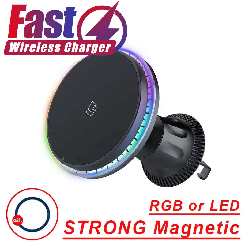 Magnetic Wireless Car Charger with RGB Lighting and Vent Mount for iPhone 12-17