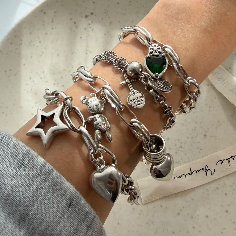 Solid Sterling Silver Heart Letter Bracelet for Women Men Handmade Birthday Gift