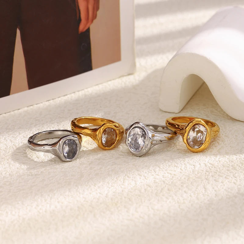 Luxury Zircon Women's Ring - Irregular Stainless Steel, Gold Plated Jewelry