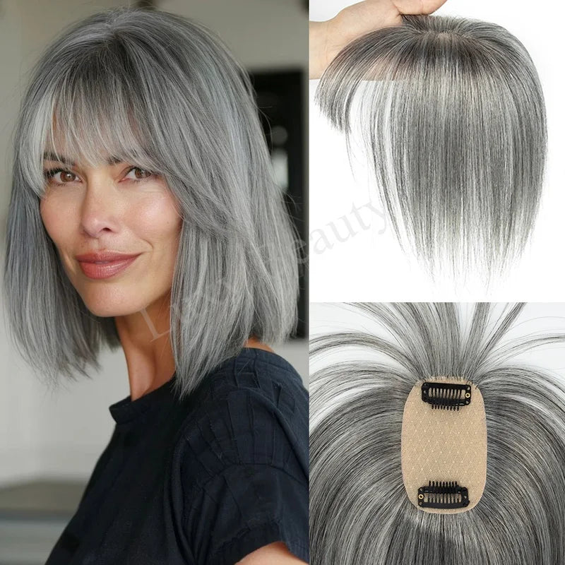 Human Hair Topper with Bangs for Women Clip-In Hairpiece 8-14 Inches, Natural Black Blonde Highlights