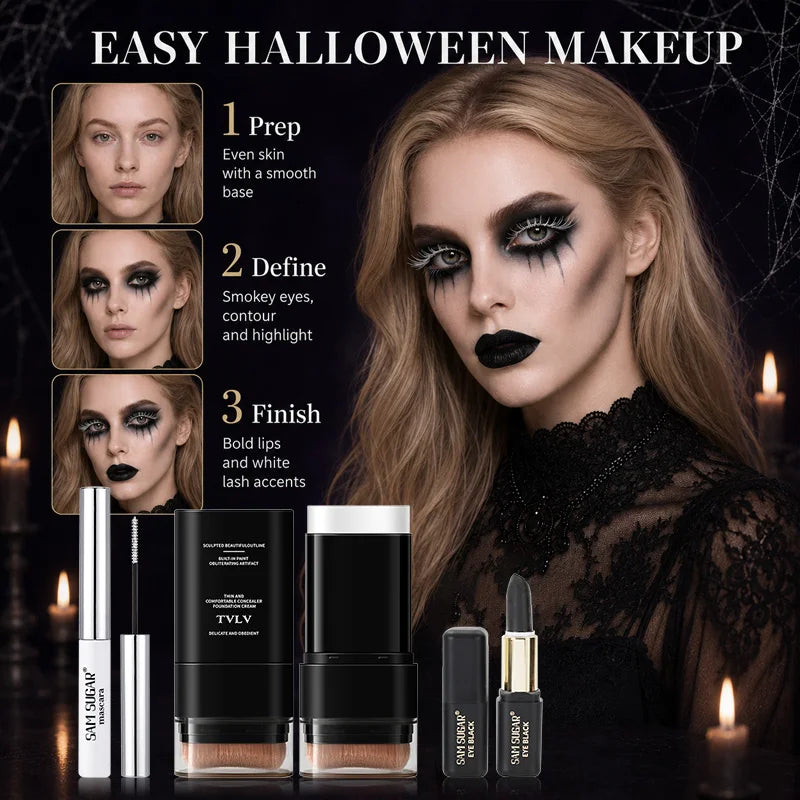 3Pcs Halloween Makeup Kit with Face Paint Mascara & Foundation for Costume Parties