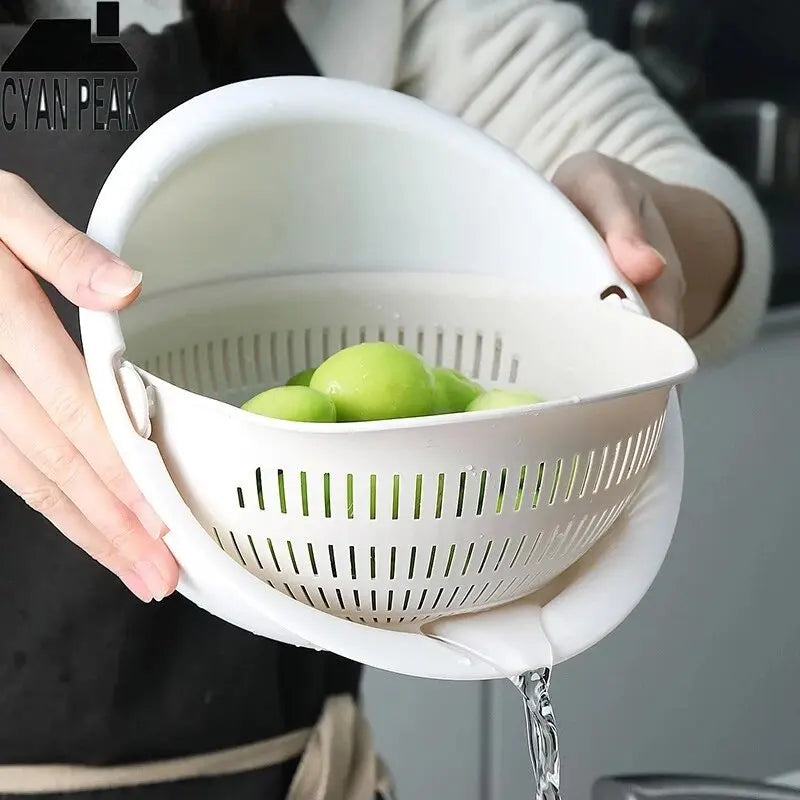 Removable Double Layer Fruit and Vegetable Draining Basket - Rotating Kitchen Basin
