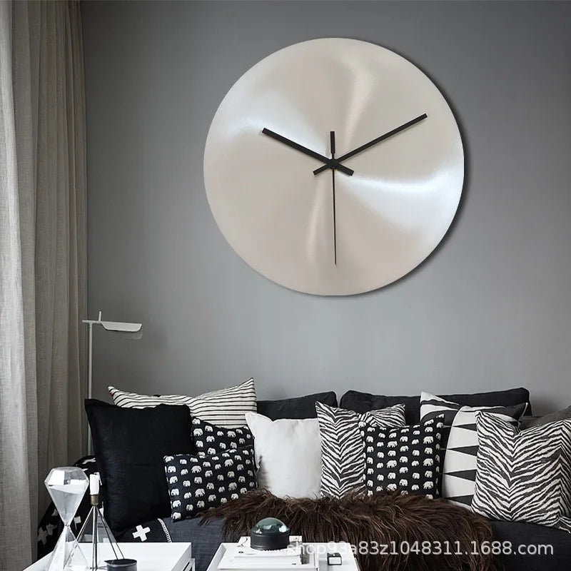 Modern Wall Clock - Silent Silvery Round Metal Wall Watch for Living Room Home Decor