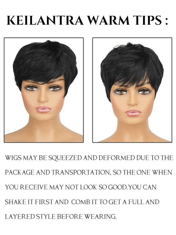 Human Hair Wigs Short Pixie Cut with Bangs for Black Women - Machine Made Natural Look