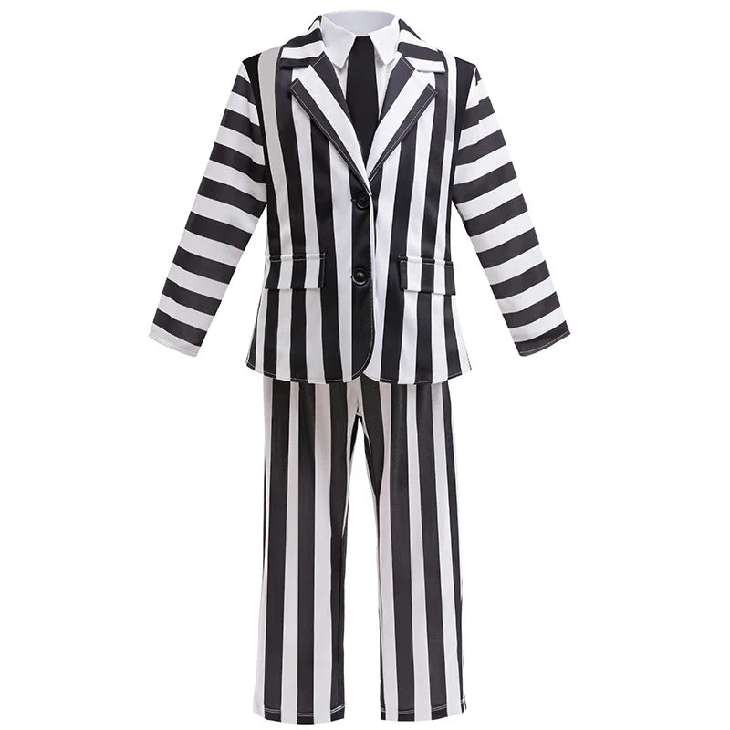 Kids Halloween Cosplay Costume Boys Girls Black and White Striped Coat and Pants