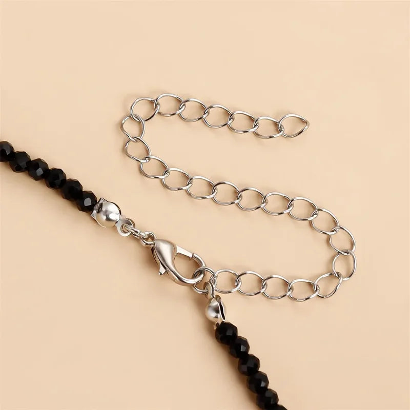 Vintage Black Bead Chain Necklace with Silver Plated Tassel Pendant for Women