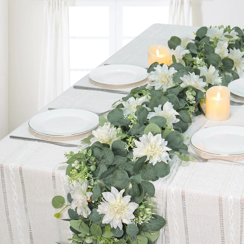 Artificial Garland with Eucalyptus and Dahlia Flowers for Wedding & Party Decor