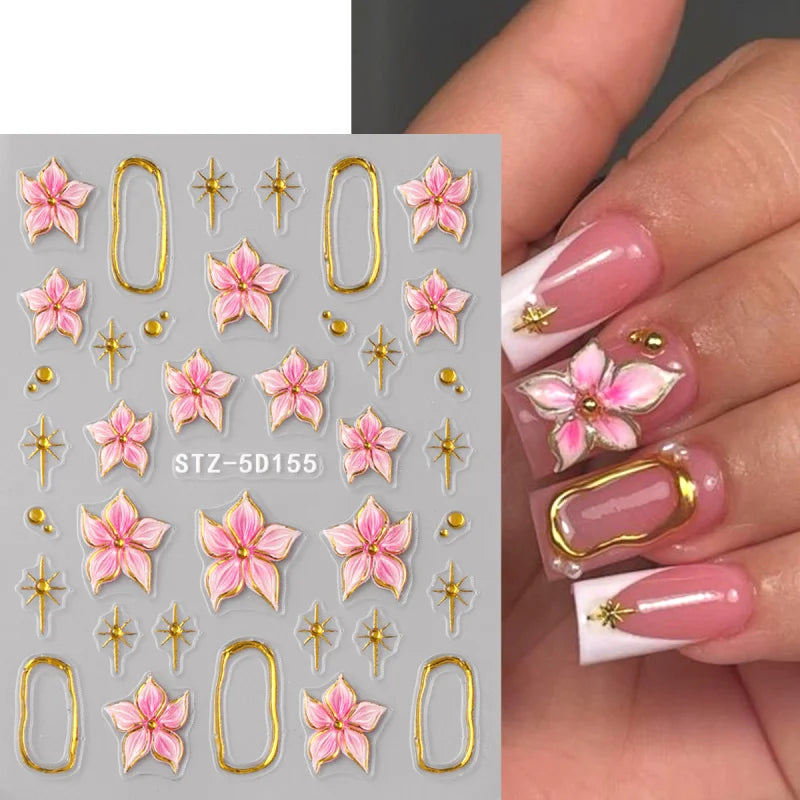 5D Floral Embossed Nail Stickers with Hibiscus Flowers & Star Frames for Spring & Summer Nail Art