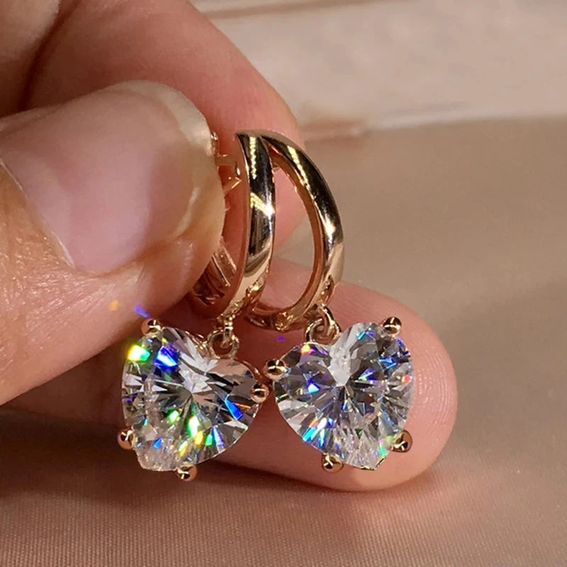 Gold Hoop Earrings Heart Shape Zircon Dangle Jewelry for Women & Girls