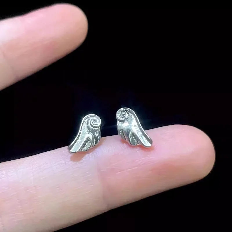 Angel Wings Earrings - Frosted Silver Studs for Women, Vintage Y2K Jewelry