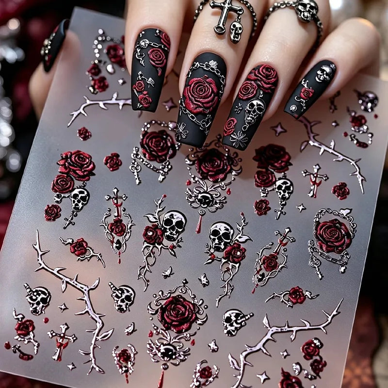 Bronzing Gold Skull & Blood Rose Nail Decals Set - Self-Adhesive Halloween Nail Art