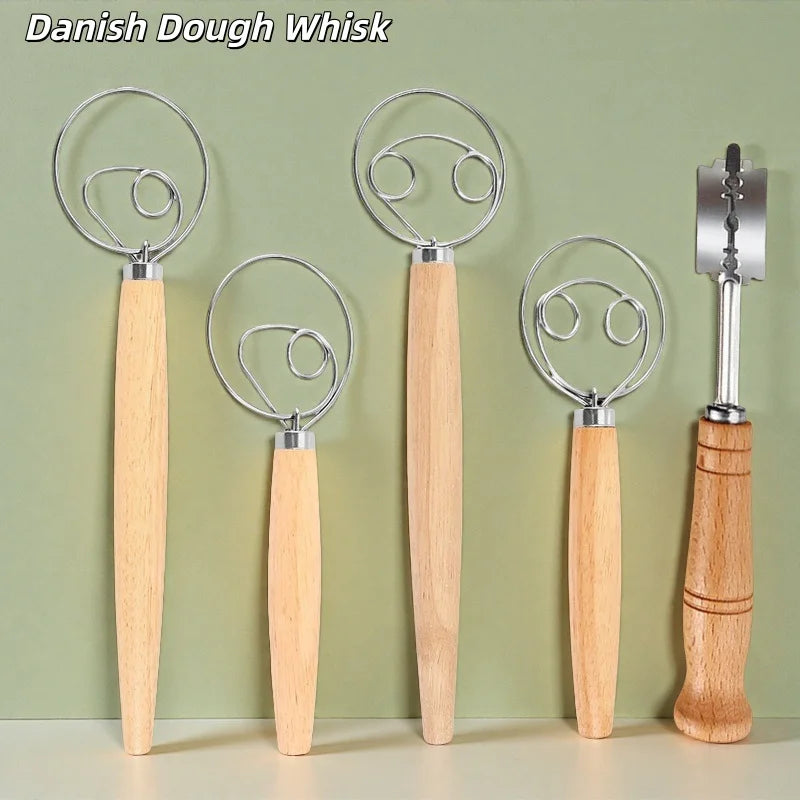 Stainless Steel Dough Whisk with Wooden Handle - 13 Inch Bread & Sourdough Mixer