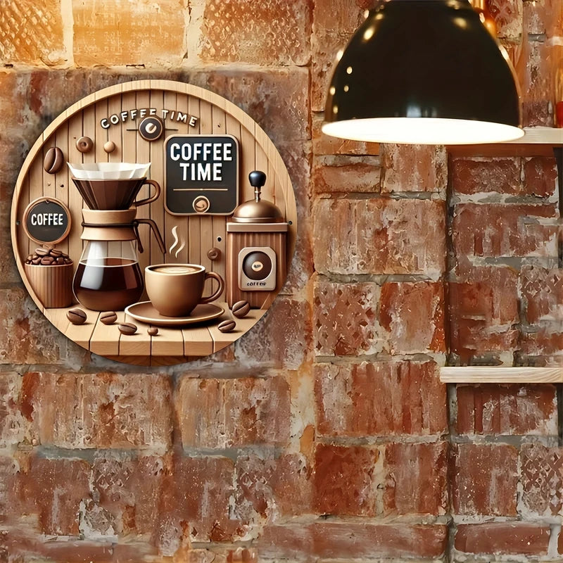 Wooden Hanging Sign - Coffee Maker Theme Wall Decor 8 Inch Round Sign