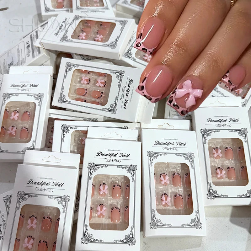24Pcs Short Square Leopard French False Nails with Bowknot - Autumn & Winter Wearable Fake Nails