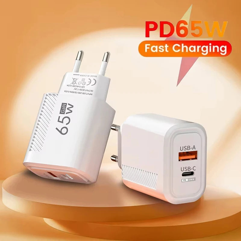 65W GaN Fast USB Type C Wall Charger PD 3.0 Quick Charge Phone Adapter US/EU Plug