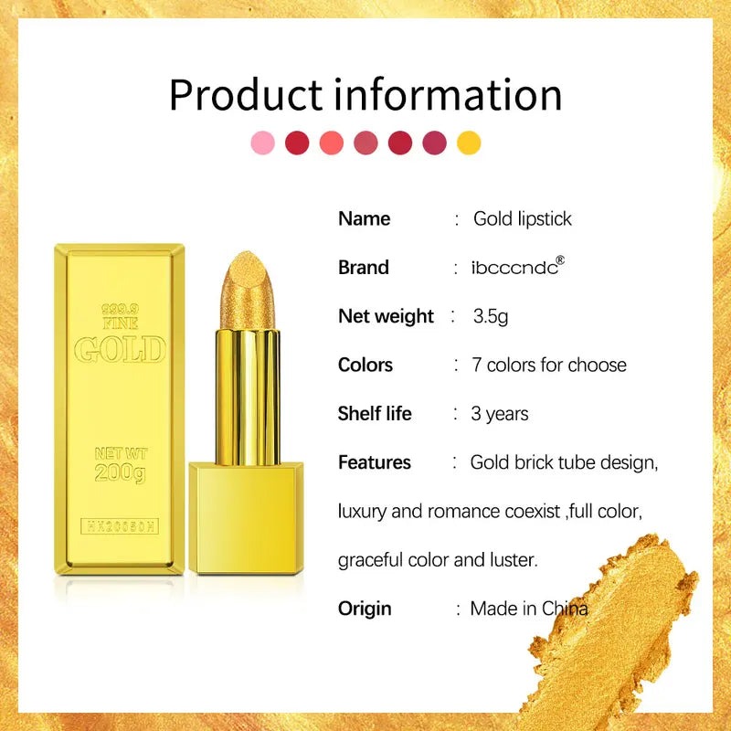 Long Lasting Waterproof Gold Lipstick with Glitter Shine - Luxury Lip Makeup
