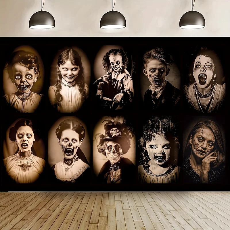 Halloween Gothic Background Cloth with Horror Portrait & Zombie Makeup Designs - Event Decoration Fabric