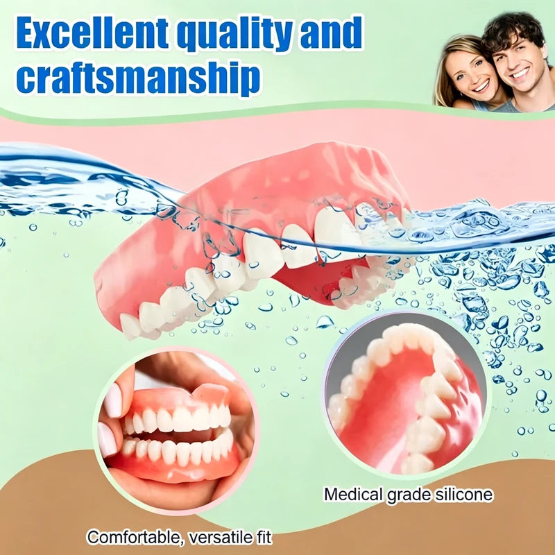 Full Set Silicone Dental Dentures for Men Women - Natural Shade, Daily Oral Hygiene Kit
