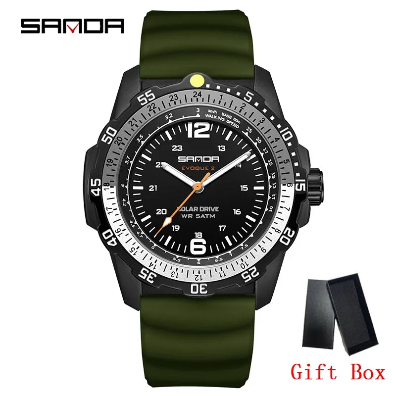 Luxury Men's Solar-Powered Watch with Luminous Hands Waterproof Sport Wristwatch