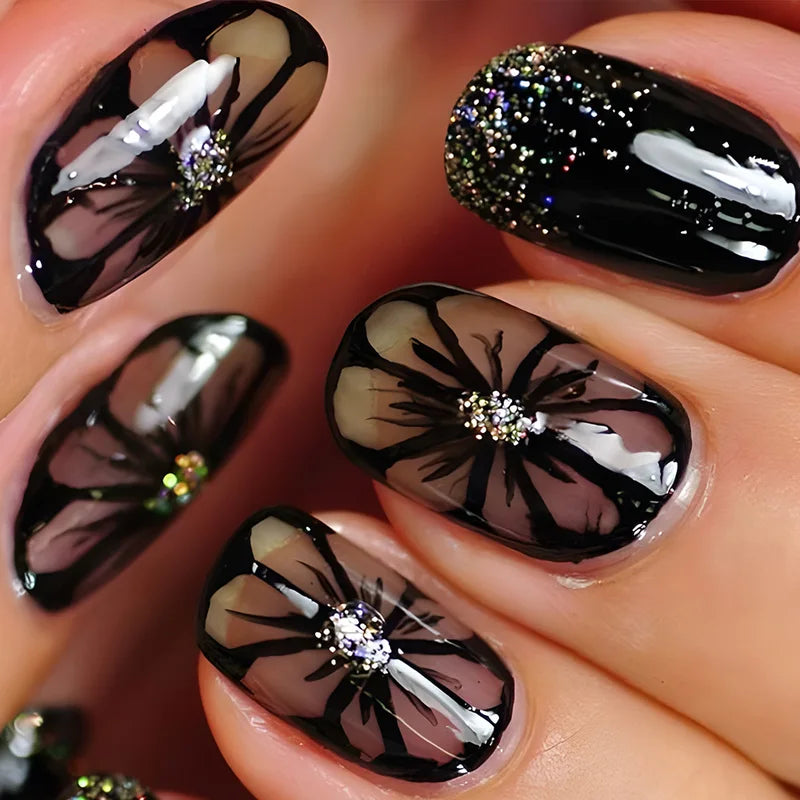 24pcs Short to Long Fake Nail Set for Spring & Summer Nail Art with Flowers & Butterfly Designs