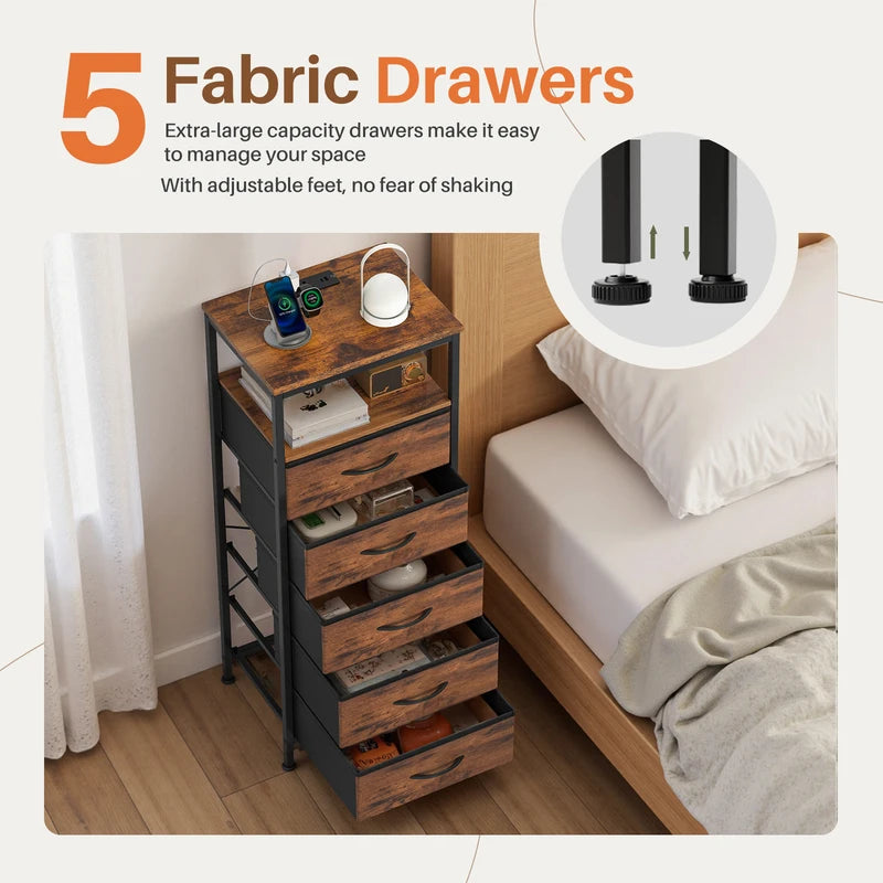5-Drawer Nightstand with Charging Station and Open Shelf – Modern Bedroom End Table