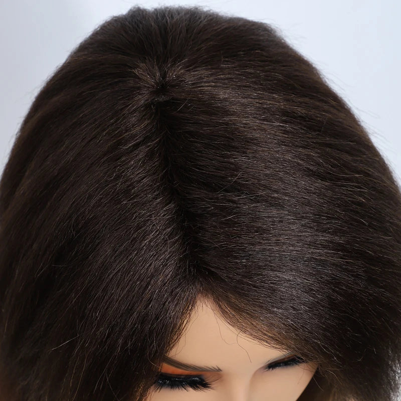 Kinky Straight Bob Wigs for Women 12 Inch Human Hair Natural Brown