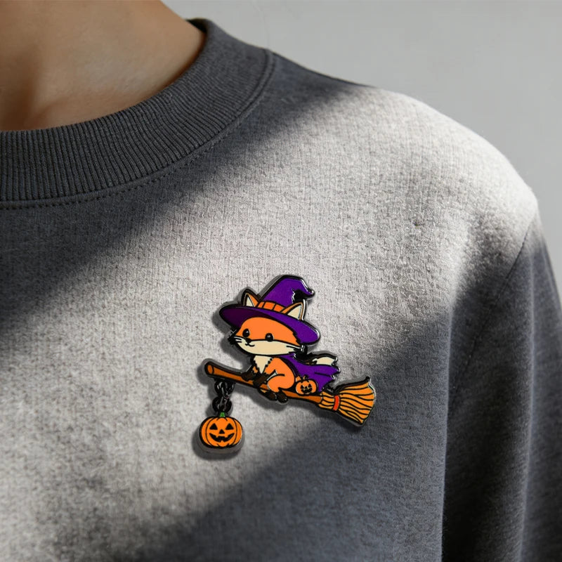 Magical Animal Enamel Pin - Witch Fox Pumpkin Pendant Halloween Gift Badge Accessory