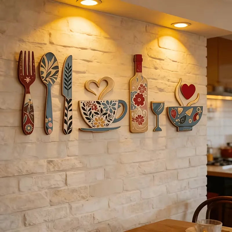 7-Piece Wooden Wall Decor Set with Fork, Cup & Wine Glass Patterns for Kitchen