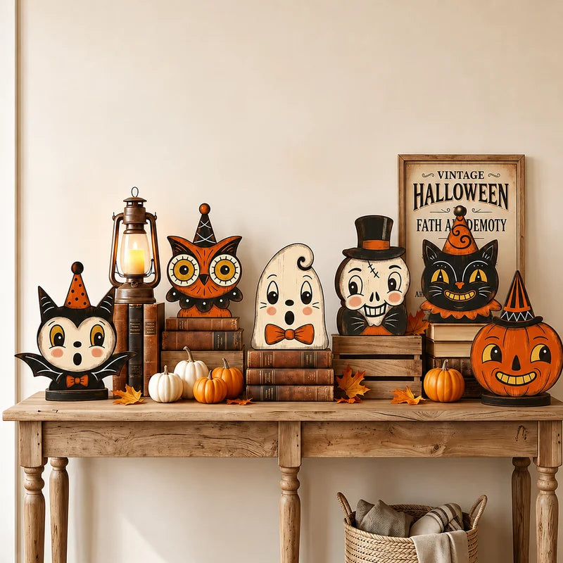 Halloween Wooden Tabletop Sign - Indoor Decor with Ghost Pumpkin Cat Skeleton Owl Housewarming Gift