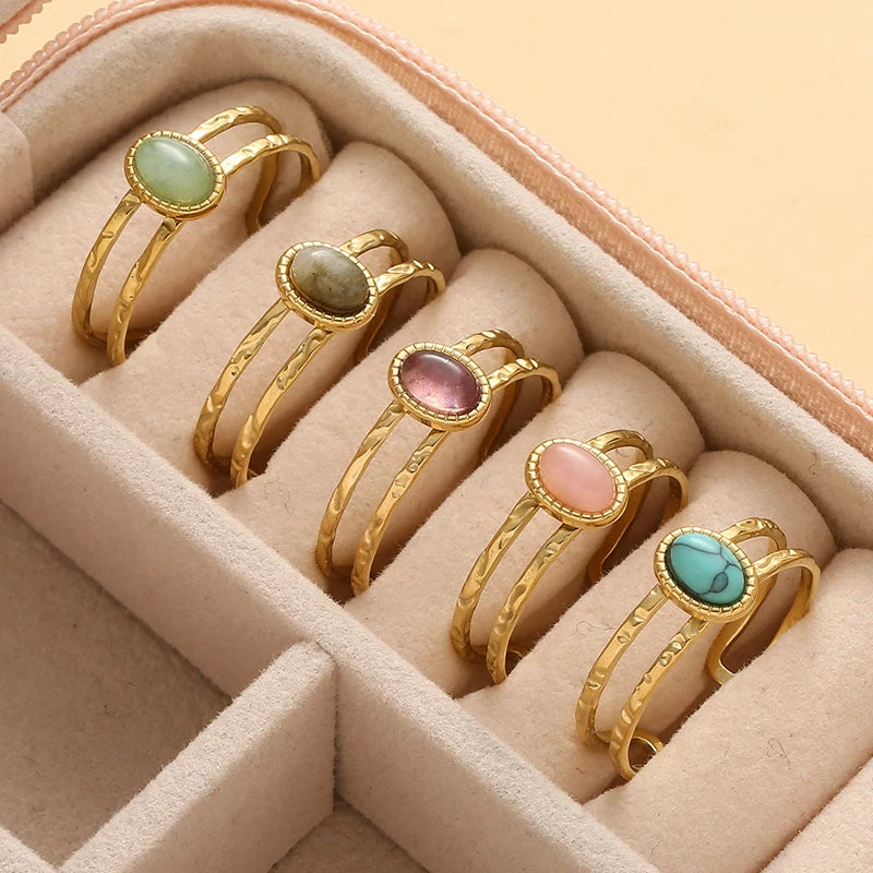 Adjustable Stainless Steel Engagement Ring with Natural Stone for Women – Vintage Style