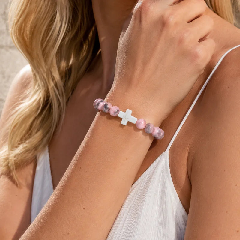 Unisex Natural Stone Beaded Prayer & Meditation Bracelet with Cross