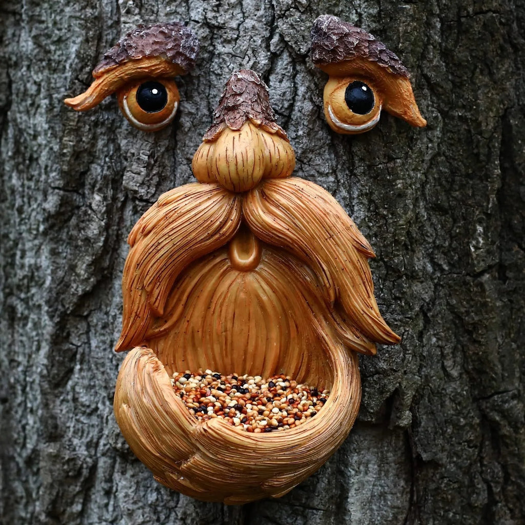 Outdoor Tree Face Bird Feeder with Glowing Eyes Yard Garden Decor - Old Man Tree Sculpture