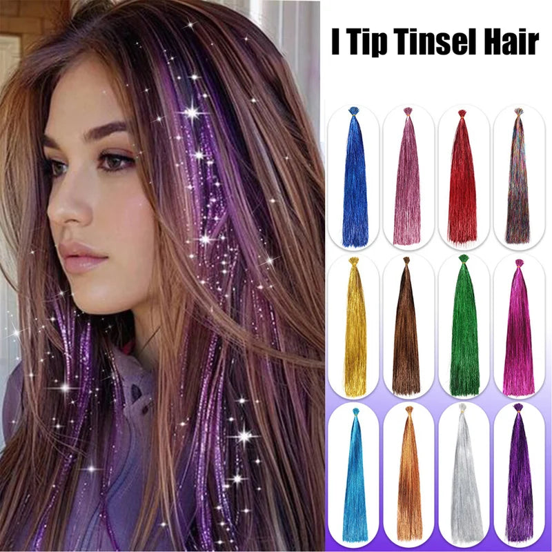 Synthetic Tinsel Hair Extensions Glitter Fairy Hairpieces for Women & Girls - 50pcs