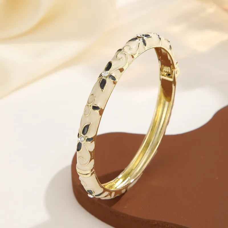 Colorful Floral Enamel Bracelet for Women - Gold Tone Open Cuff Jewelry
