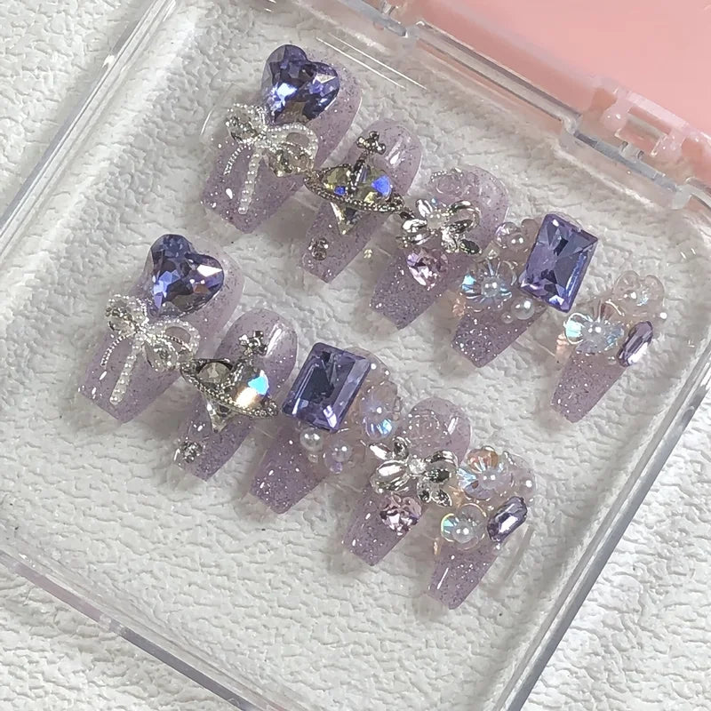 10pcs High-End Aurora Purple Heart Fake Nails with Diamonds - Handmade Nail Set