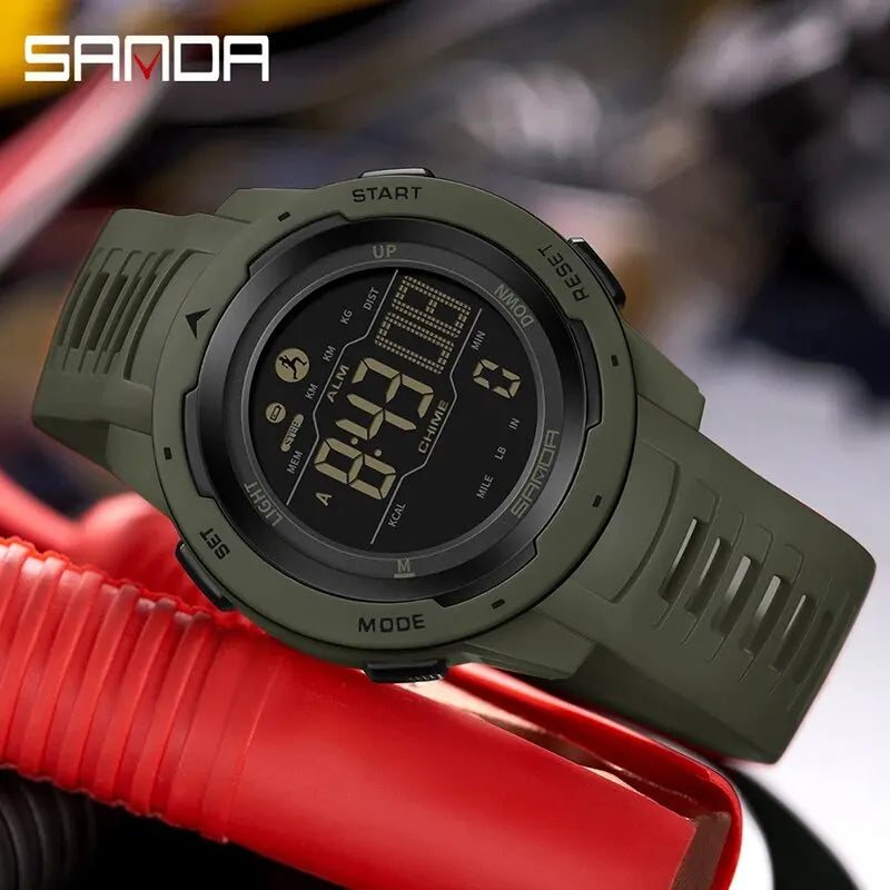 Digital Sports Watch with Pedometer and Waterproof LED Display - Military Style