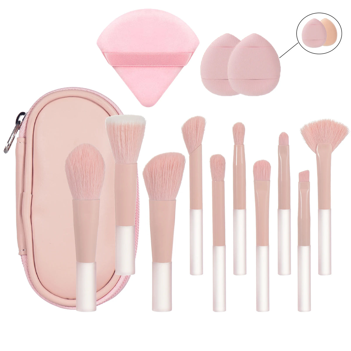 Mini Makeup Brush Set Travel Portable Cosmetic Tool Kit - 10 Pink Handles