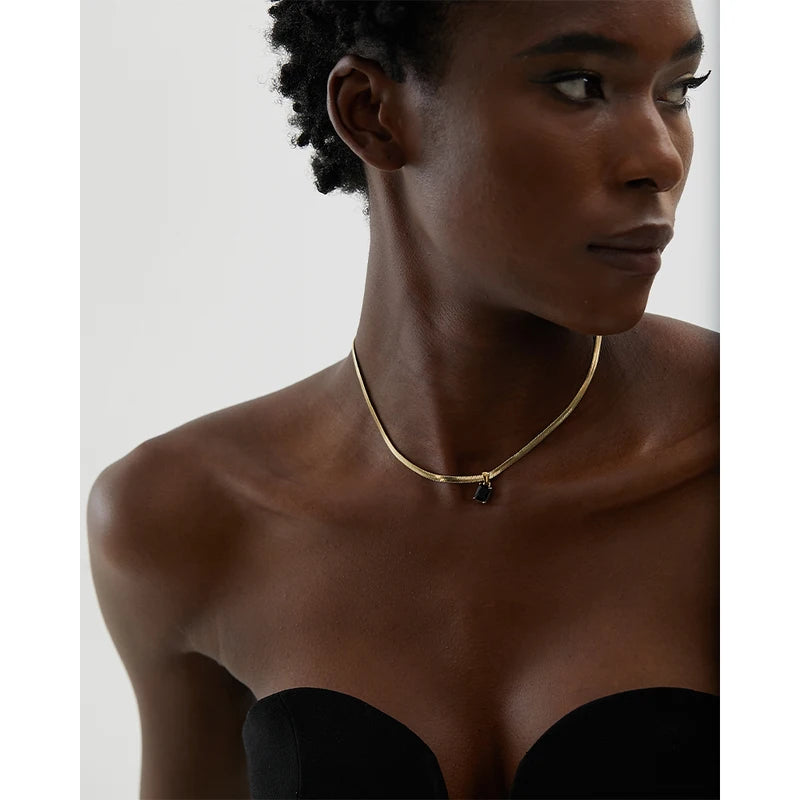 Geometric Square Cubic Zirconia Drop Snake Chain Collar Necklace - Trendy Gold Jewelry