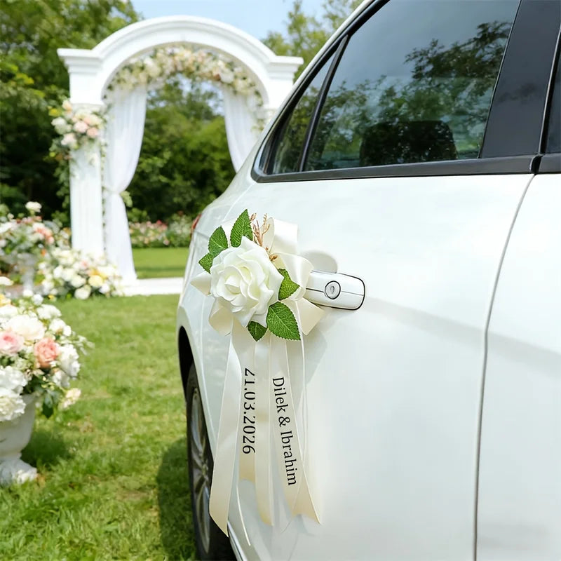 Wedding Car Door Decorations White Rose Bow Ribbon Customizable Vehicle Ornament