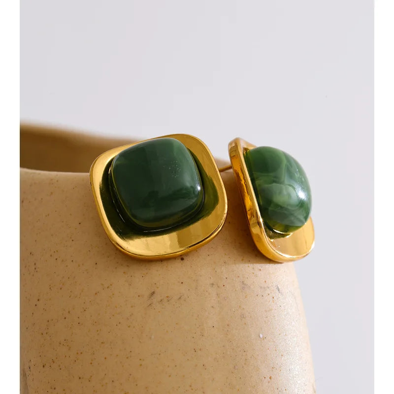 White Green Resin Square Stud Earrings - 18K Gold PVD Plated Stainless Steel Jewelry