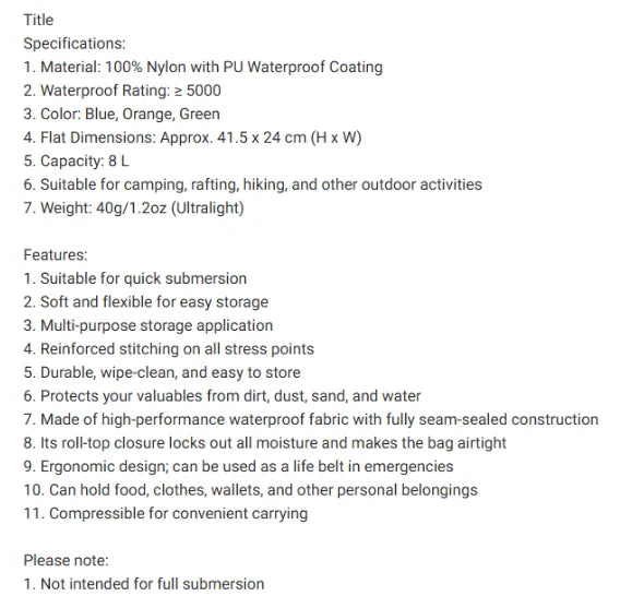 Dry Storage Bags for Kayaking Canoeing and Rowing 8L 40L 70L Waterproof Outdoor