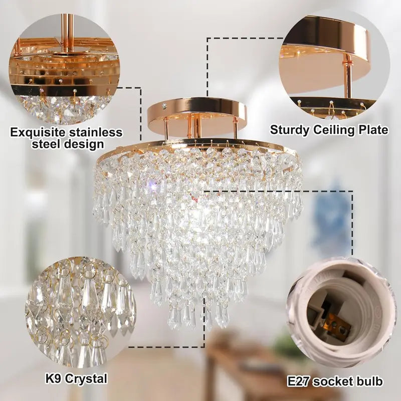 11.8 Inch Gold Crystal Chandelier Ceiling Light - 5 Tiers Raindrops Pendant Fixture for Bedroom Living Room Hallway