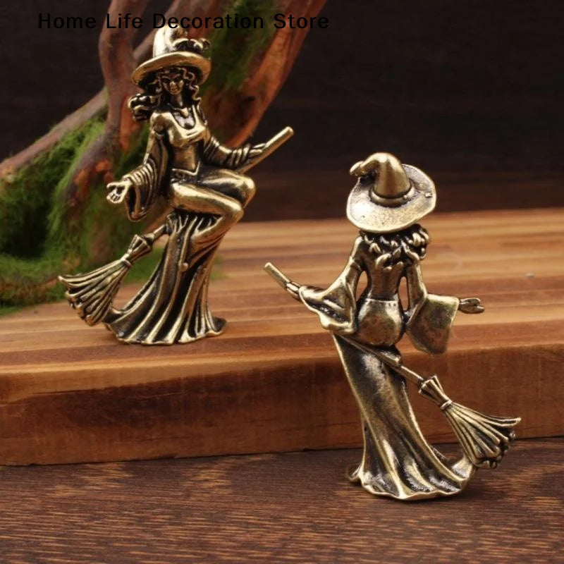 Miniature Brass Witch Ornament for Home Decor, Halloween Magic Theme