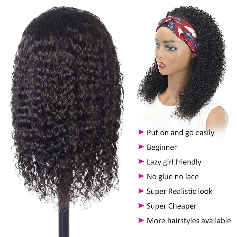Headband Wig Human Hair Kinky Curly Full Machine Made 180% Density - No Glue