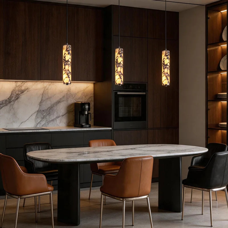 Black Cylinder Pendant Lamp - Natural Stone High-End LED Chandelier for Living Room & Bedroom