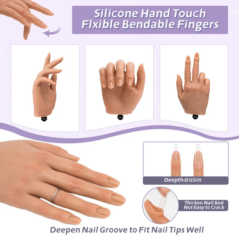 Practice Hand for Acrylic Nails - Silicone Flexible Fingers, Reusable Nail Training Tool
