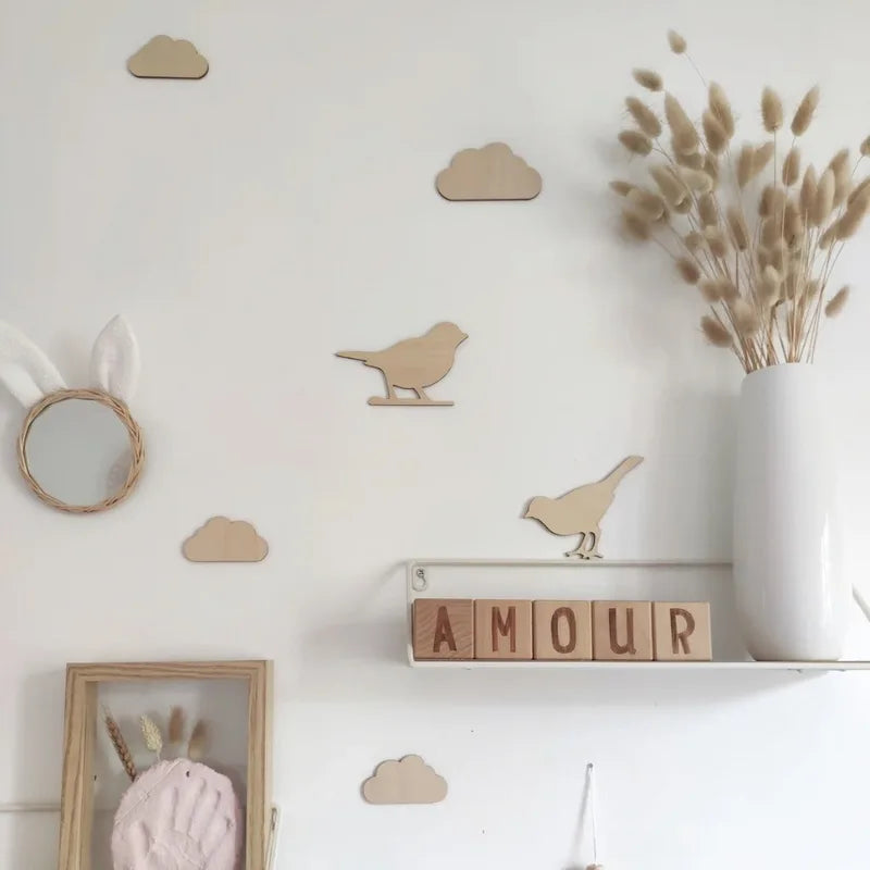 DIY Wooden Wall Stickers Set - Clouds, Flowers, Birds for Nursery Decor