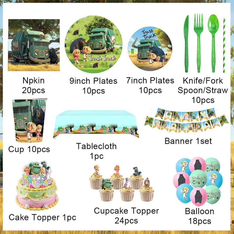 Kids Birthday Party Decorations Set with Trash Truck Cartoon Backdrop, Balloons, Plates, Cups & Napkins