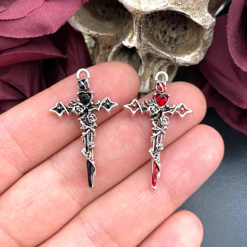 6pcs Gothic Rose Cross Charm Pendant Jewelry Findings for DIY Crafts